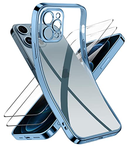 Niphabe Handyhülle für iPhone 12 Pro Hülle mit Kameraschutz, Original Silikon mit 2 Schutzfolie,Niemals Gelb Ultra Dünn Crystal Clear Schutzhülle für iPhone 12 Pro 6.1'' Blau von Niphabe