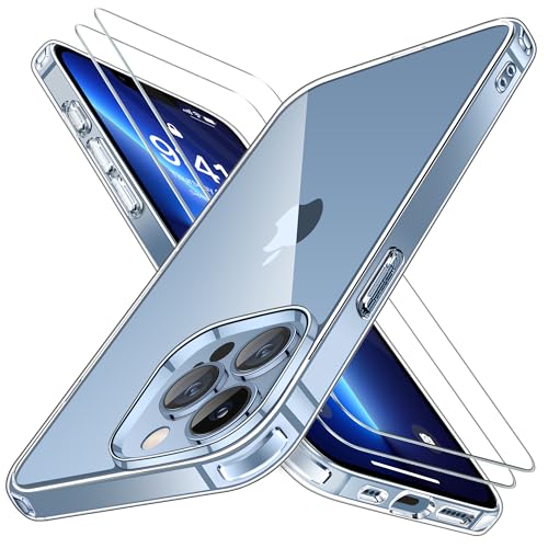 Niphabe Klar Hülle Kompatibel mit iPhone 13 Pro mit 2 Stück Panzerfolie, Nie Vergilbung Hard PC Case Kratzresistente Rückseite Stoßfest Schutzhülle TPU Bumper iPhone 13 Pro Hülle 6,1''(Klar) von Niphabe