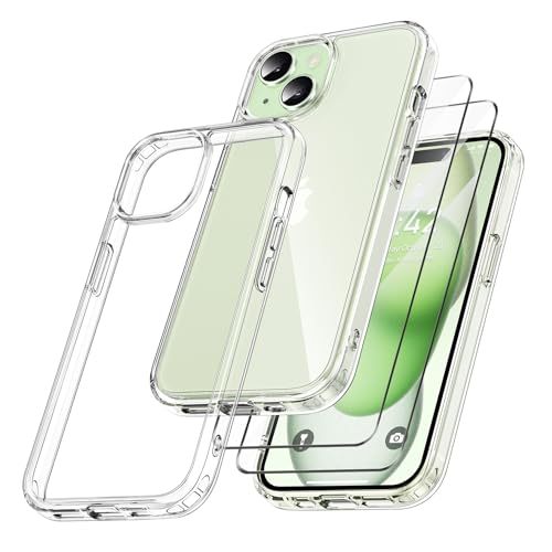 Niphabe Klar Hülle Kompatibel mit iPhone 15 mit 2 Stück Panzerfolie, Nie Vergilbung Hard PC Case Kratzresistente Rückseite Stoßfest Schutzhülle TPU Bumper iPhone 15 Durchsichtig Hülle 6,1''(Klar) von Niphabe