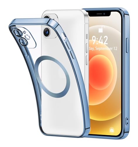 Niphabe Magnetisch Kameraschutzhülle für iPhone 12 Hülle, [Galvanik Vergilbungsfrei] Luxus Bling Handyhülle iPhone 12 Dünn Silikone Case für Mädchen, Blau von Niphabe