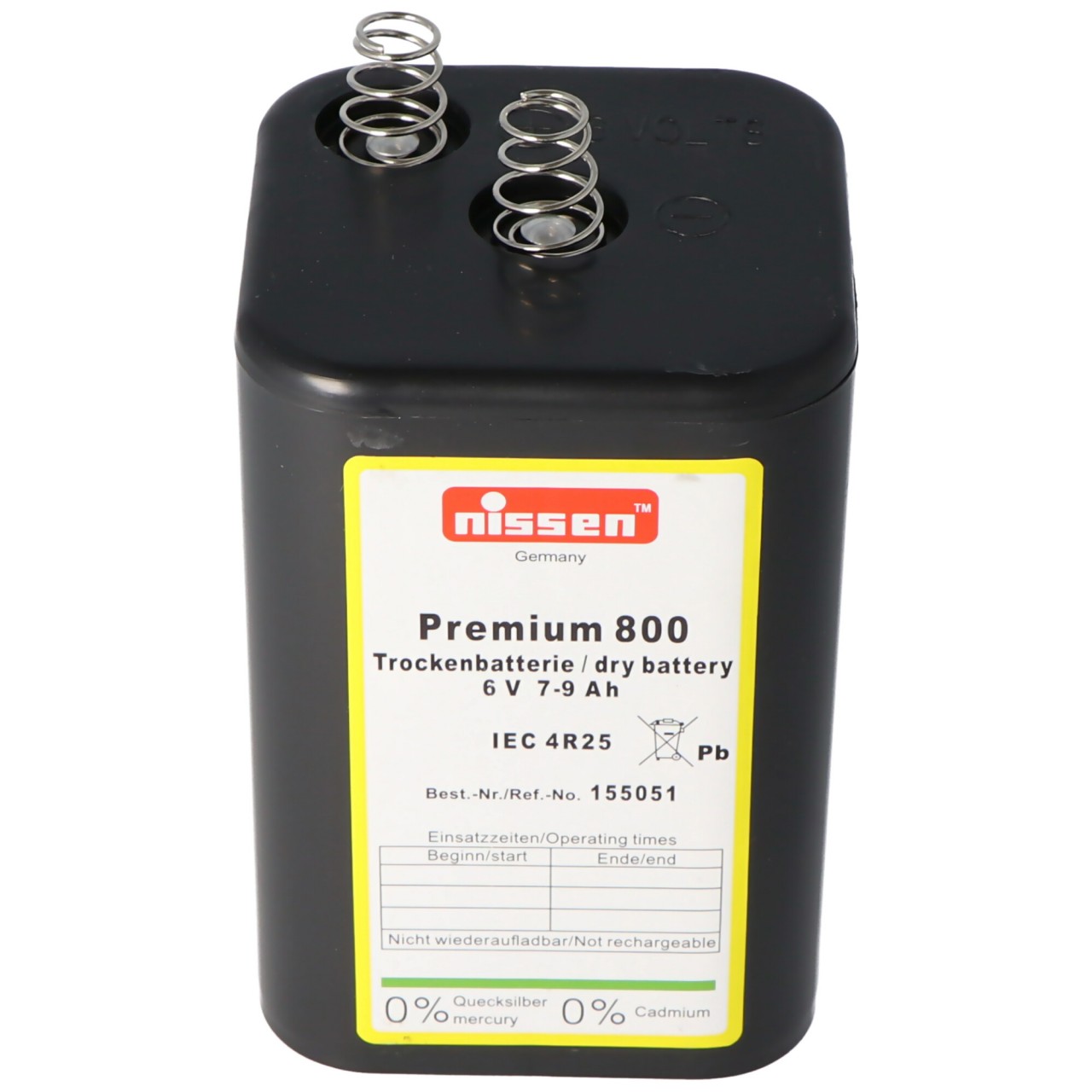 Nissen Premium 800 4R25 Batterie 6 Volt max. 9000mAh Kapazität, Trockenbatterie Nissen 4R25 ohne Quecksilber und Cadmium Nissen Premium 800 4R25 Batterie 6 Volt max. 9000mAh Kapazität, Trockenbatterie Nissen 4R25 ohne Quecksilber und Cadmium von Nissen