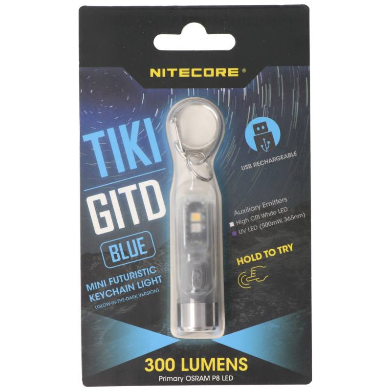 Nitecore TIKI GITD, Glow in the dark, mit UV LED, Schlüsselbundleuchte, wiederaufladbare Schlüsselanhängerlampe, blau von Nitecore