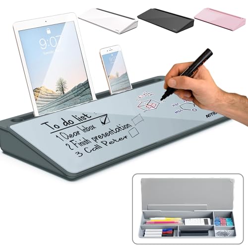 NITRAM Whiteboard für den Schreibtisch, aus weißem Glas mit Schublade und Zubehörfach, Maße: 40,5 x 18,5 x 6 cm, inkl. radiergummi und zwei Marker (Grau) von Nitram