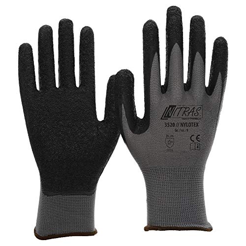 NITRAS Nylotex 3520 Nylon-Latexhandschuhe Arbeitshandschuhe 12 PAAR Größe 10 (XL), Grau/Schwarz von Nitras