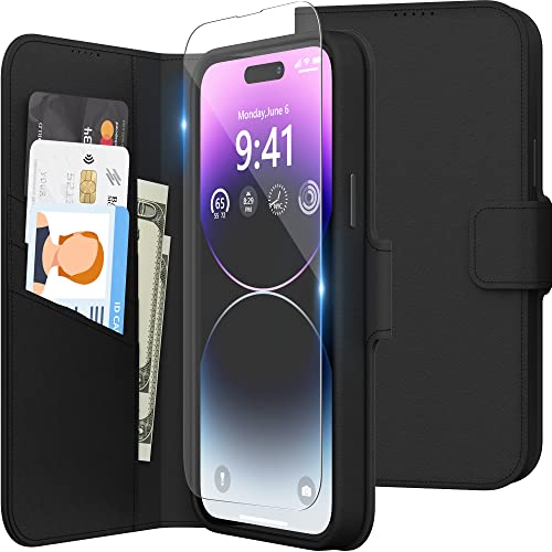 Niunisi Hülle für iPhone 14 Pro Case 6.1 Zoll, Premium PU Leder Folio Case mit [Magnetverschluss] [Kreditkartenschlitz] [weiches Mikrofaserfutter] Leder Innenseite Flip Stand Cover, Schwarz von Niunisi