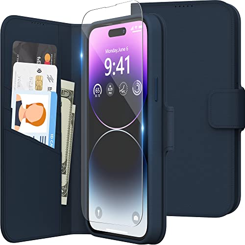 Niunisi Hülle für iPhone 14 Pro Max 6,7 Zoll, Premium PU Leder Folio Case mit [Magnetverschluss] [Kreditkartenschlitz] [weiches Mikrofaserfutter] Leder Innenseite Flip Stand Cover, Blau von Niunisi