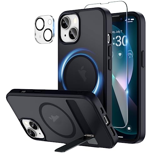 Niunisi Magnetic Case für iPhone 13 Hülle 6.1-Zoll, Slim Ständer mit Panzerglas Kompatibel mit Magsafe Handyhülle Stoßfeste Transluzent Matt Schutzhülle Phone Case Cover, Schwarz von Niunisi