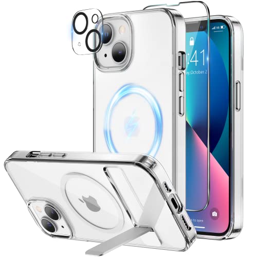 Niunisi Magnetic Case für iPhone 13 Hülle 6.1-Zoll, Slim Ständer mit Panzerglas Kompatibel mit Magsafe Handyhülle Stoßfeste Transluzent Matt Schutzhülle Phone Case Cover，Klar von Niunisi