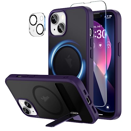 Niunisi Magnetic Case für iPhone 13 Hülle 6.1-Zoll, Slim Ständer mit Panzerglas Kompatibel mit Magsafe Handyhülle Stoßfeste Transluzent Matt Schutzhülle Phone Case Cover (Lila) von Niunisi