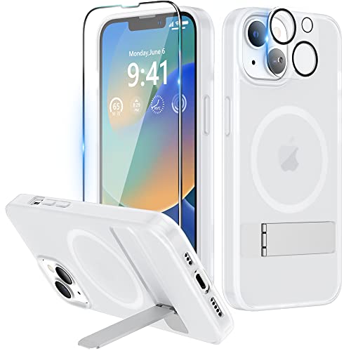 Niunisi Magnetic Case für iPhone 14 Plus Hülle 6.7-Zoll (2022), Slim Ständer mit Bildschirmschutz Kompatibel mit Magsafe Handyhülle Stoßfeste Transluzent Matt Schutzhülle Phone Case Cover, Weiß von Niunisi