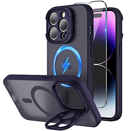 Niunisi Magnetic Case für iPhone 14 Pro Hülle 6.1-Zoll (2022), Camera Guard Ständer Kompatibel mit Magsafe Handyhülle Stoßfeste Transluzent Matt Schutzhülle Phone Case Cover, Kamera Lila von Niunisi