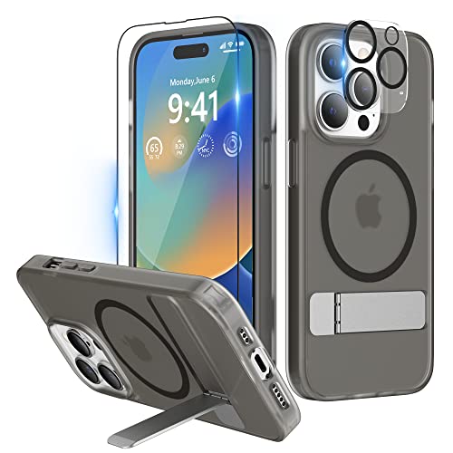 Niunisi Magnetic Case für iPhone 14 Pro Hülle 6.1-Zoll (2022), Slim Ständer mit Bildschirmschutz Kompatibel mit Magsafe Handyhülle Stoßfeste Transluzent Matt Schutzhülle Phone Case Cover, Schwarz von Niunisi