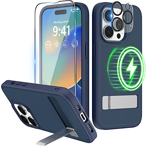 Niunisi Magnetic Case für iPhone 14 Pro Hülle 6.1-Zoll (2022), Slim Ständer mit Bildschirmschutz Kompatibel mit Magsafe Handyhülle Stoßfeste Transluzent Matt Schutzhülle Phone Case Cover, Blau von Niunisi