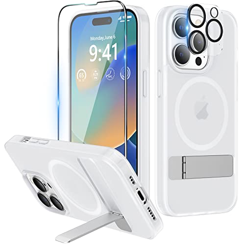 Niunisi Magnetic Case für iPhone 14 Pro Hülle 6.1-Zoll (2022), Slim Ständer mit Bildschirmschutz Kompatibel mit Magsafe Handyhülle Stoßfeste Transluzent Matt Schutzhülle Phone Case Cover, Weiß von Niunisi