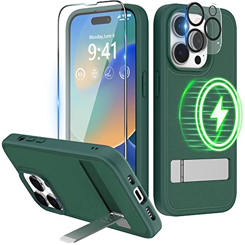 Niunisi Magnetic Case für iPhone 14 Pro Hülle 6.1-Zoll (2022), Slim Ständer mit Magsafe mit kameraschut Handyhülle Stoßfeste Dünne Kratzfeste Rückseite Schutzhülle, Grün von Niunisi