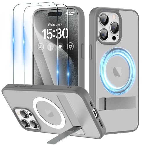 Niunisi für iPhone 15 Pro Max Hülle für MagSafe Ständer Handyhülle mit 2X Panzerglas Stoßfeste Kratzfeste Schutzhülle Dünne (Grau, for iPhone 15 Pro Max 6.7 Inch) von Niunisi