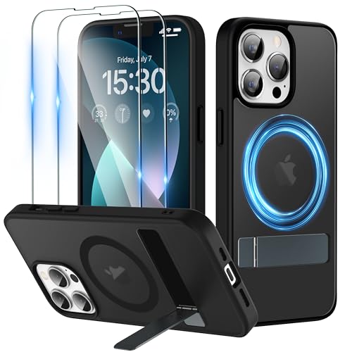 Niunisi Magnetic für iPhone 13 Pro Max Hülle mit Ständer, unsichtbare Ringhalterung mit Panzerglas Handyhülle kompatibel mit MagSafe Schutzhülle Matt Stoßfest iPhone 13 Pro Max Case 6.7-Zoll, Schwarz von Niunisi