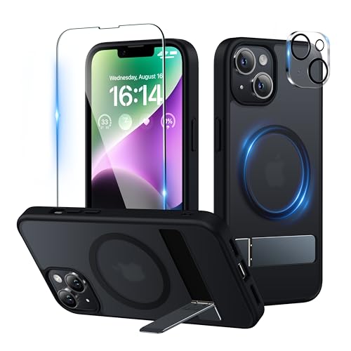 Niunisi Magnetic für iPhone 14 Plus Hülle, Slim Ständer mit Panzerglas Kompatibel mit Magsafe Handyhülle Stoßfeste Schutzhülle Phone Case Cover, Matt Schwarz von Niunisi