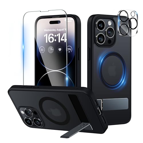 Niunisi Magnetic für iPhone 14 Pro Max Hülle, Slim Ständer mit Panzerglas Kompatibel mit Magsafe Handyhülle Stoßfeste Schutzhülle Phone Case Cover, Matt Schwarz von Niunisi