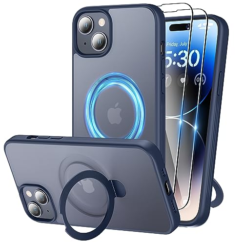 Niunisi Magnetic für iPhone 15 Hülle mit Ständer, unsichtbare Ringhalterung mit Panzerglas Handyhülle kompatibel mit MagSafe Schutzhülle Matt Stoßfest iPhone 15 Case 6.1-Zoll (2023), Blau von Niunisi
