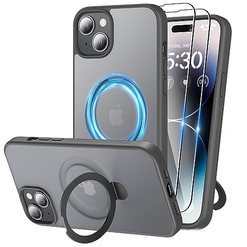 Niunisi Magnetic für iPhone 15 Hülle mit Ständer, unsichtbare Ringhalterung mit Panzerglas Handyhülle kompatibel mit MagSafe Schutzhülle Matt Stoßfest iPhone 15 Case 6.1-Zoll (2023), Grau von Niunisi