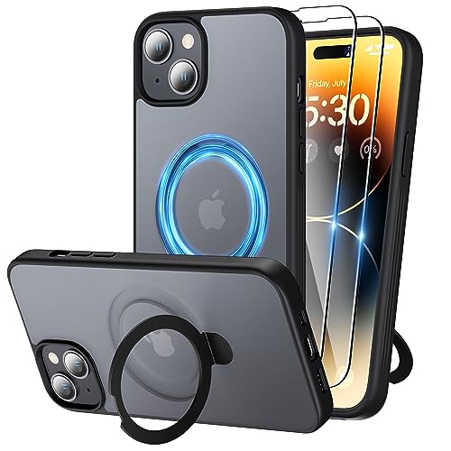 Niunisi Magnetic für iPhone 15 Hülle mit Ständer, unsichtbare Ringhalterung mit Panzerglas Handyhülle kompatibel mit MagSafe Schutzhülle Matt Stoßfest iPhone 15 Case 6.1-Zoll (2023), Schwarz von Niunisi