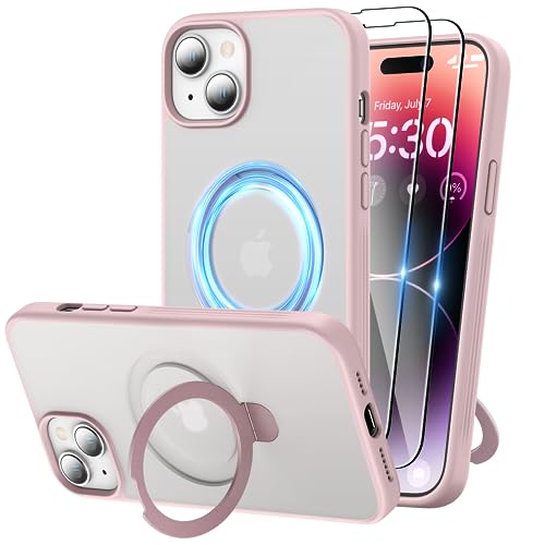 Niunisi Magnetic für iPhone 15 Plus Hülle mit Ständer, unsichtbare Ringhalterung mit Panzerglas Handyhülle kompatibel mit MagSafe Schutzhülle Matt Stoßfest iPhone 15 Plus Case 6.7-Zoll (2023), Rosa von Niunisi