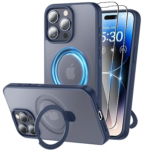 Niunisi Magnetic für iPhone 15 Pro Hülle mit Ständer, unsichtbare Ringhalterung mit Panzerglas Handyhülle kompatibel mit MagSafe Schutzhülle Matt Stoßfest iPhone 15 Pro Case 6.1-Zoll, Blau von Niunisi