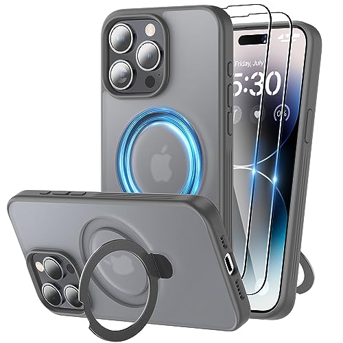 Niunisi Magnetic für iPhone 15 Pro Hülle mit Ständer, unsichtbare Ringhalterung mit Panzerglas Handyhülle kompatibel mit MagSafe Schutzhülle Matt Stoßfest iPhone 15 Pro Case 6.1-Zoll, Grau von Niunisi