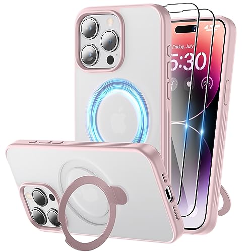 Niunisi Magnetic für iPhone 15 Pro Hülle mit Ständer, unsichtbare Ringhalterung mit Panzerglas Handyhülle kompatibel mit MagSafe Schutzhülle Matt Stoßfest iPhone 15 Pro Case 6.1-Zoll, Rosa von Niunisi