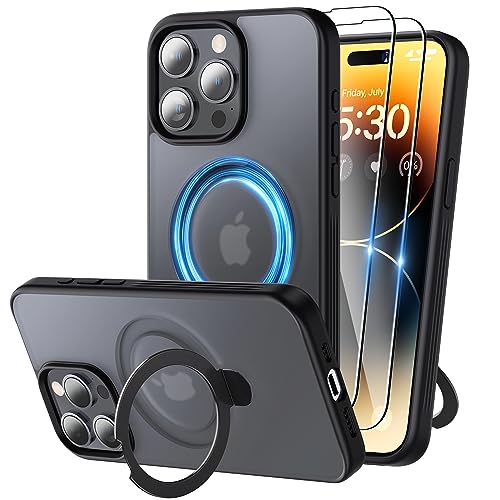 Niunisi Magnetic für iPhone 15 Pro Hülle mit Ständer, unsichtbare Ringhalterung mit Panzerglas Handyhülle kompatibel mit MagSafe Schutzhülle Matt Stoßfest iPhone 15 Pro Case 6.1-Zoll, Schwarz von Niunisi