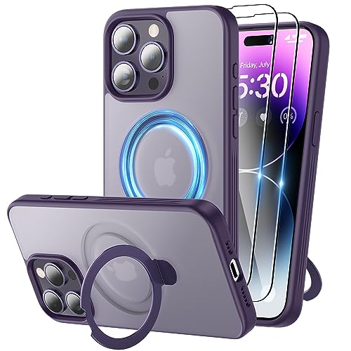 Niunisi Magnetic für iPhone 15 Pro Max Hülle mit Ständer, unsichtbare Ringhalterung mit Panzerglas Handyhülle kompatibel mit MagSafe Schutzhülle Matt Stoßfest iPhone 15 Pro Max Case 6.7-Zoll, Violett von Niunisi