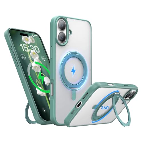 Niunisi Magnetische 360°Ring für iPhone 16 Hülle mit Ständer, Kompatibel mit Magnetic Militär-Grade stoßfeste Schutzhülle Drehbarer Kickstand Handyhülle für iPhone 16 6.1", Grün von Niunisi