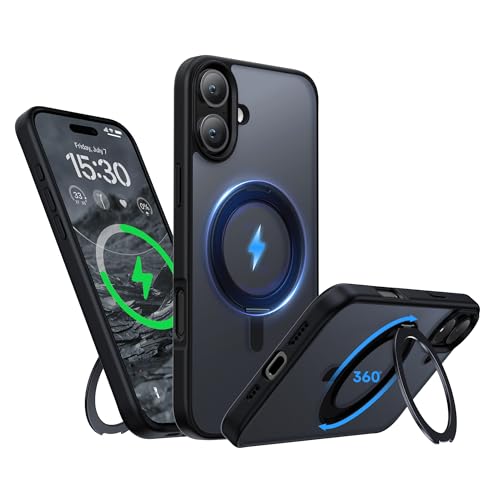 Niunisi Magnetische 360°Ring für iPhone 16 Hülle mit Ständer, Kompatibel mit Magnetic Militär-Grade stoßfeste Schutzhülle Drehbarer Kickstand Handyhülle für iPhone 16 6.1", Schwarz von Niunisi