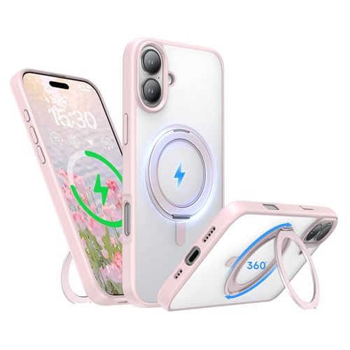 Niunisi Magnetische 360°Ring für iPhone 16 Hülle mit Ständer, Kompatibel mit Magnetic Militär-Grade stoßfeste Schutzhülle Drehbarer Kickstand Handyhülle für iPhone 16 6.1", Rosa von Niunisi