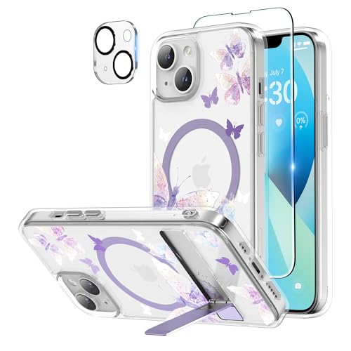 Niunisi Magnetische Schutzhülle für iPhone 13, 15,5 cm, schlanker Ständer mit Displayschutz, kompatibel mit Magsafe, stoßfest, kristallklar, Handyhülle, lila Schmetterling von Niunisi