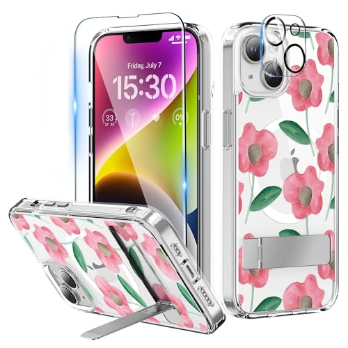 Niunisi Magnetische Schutzhülle für iPhone 14, 6,1 Zoll (2022), schlanker Ständer mit Displayschutz, kompatibel mit Magsafe, stoßfest, kristallklar, Handyhülle, rosa Sonnenblume von Niunisi