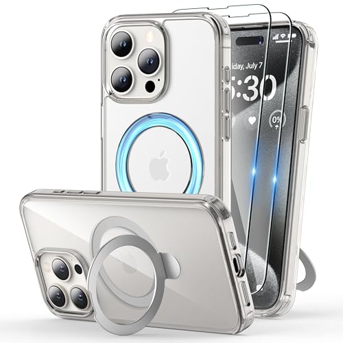 Niunisi Magnetische für iPhone 15 Pro Hülle mit Ständer, unsichtbarer Ringhalter mit Displayschutzfolie, kompatibel mit MagSafe Slim Frosted Matte Handyhülle Cover 6,1 Zoll (2023), Clear von Niunisi