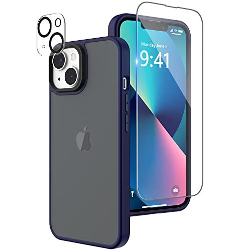 Niunisi Matt Hülle Kompatibel mit iPhone 13 Hülle 6.1 Zoll, mit Panzerglas Kameraschutz Protective Handyhülle Translucent Matt Back Shockproof Schutzhülle Case Cover, Blau von Niunisi