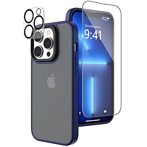 Niunisi Matt Hülle Kompatibel mit iPhone 13 Pro Hülle 6.1 Zoll, mit Panzerglas Kameraschutz Protective Handyhülle Translucent Matt Back Shockproof Schutzhülle Case Cover, Blau von Niunisi