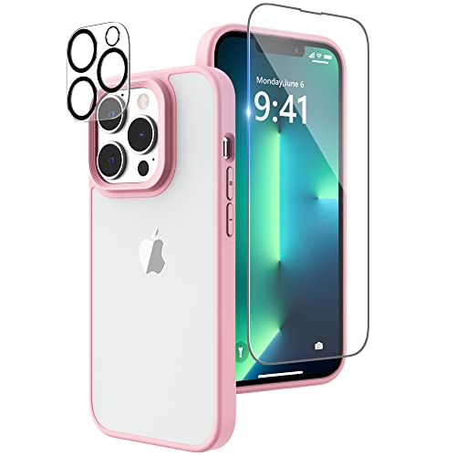 Niunisi Matt Hülle Kompatibel mit iPhone 13 Pro Max Hülle 6.7 Zoll, mit Panzerglas Kameraschutz Protective Handyhülle Translucent Matt Back Shockproof Schutzhülle Case Cover, Rosa von Niunisi