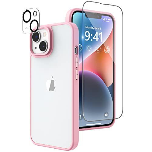 Niunisi Matte Hülle Kompatibel mit iPhone 14 Hülle mit Displayschutzfolie, Full Body Shockproof Case mit Kameraschutz Translucent Matte Handyhülle Protective Slim Schutzhülle 6,1 Zoll, Rosa von Niunisi