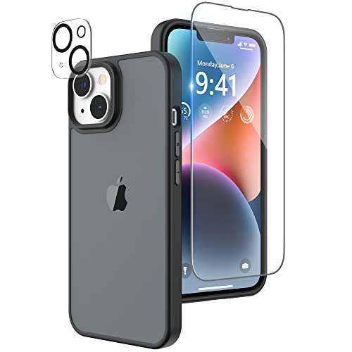 Niunisi Matte Hülle Kompatibel mit iPhone 14 Plus Hülle mit Displayschutzfolie, Full Body Shockproof Case mit Kameraschutz Translucent Matte Handyhülle Protective Slim Schutzhülle 6,7 Zoll, Schwarz von Niunisi