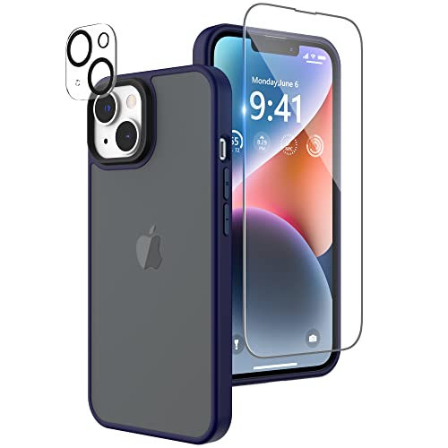 Niunisi Matte Hülle Kompatibel mit iPhone 14 Plus Hülle mit Displayschutzfolie, Full Body Shockproof Case mit Kameraschutz Translucent Matte Handyhülle Protective Slim Schutzhülle 6,7 Zoll, Blau von Niunisi