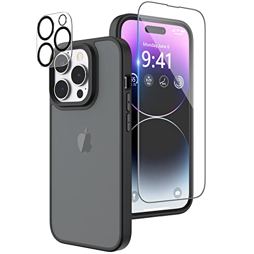 Niunisi Matte Hülle Kompatibel mit iPhone 14 Pro Hülle mit Displayschutzfolie, Full Body Shockproof Case mit Kameraschutz Translucent Matte Handyhülle Protective Slim Schutzhülle 6,1 Zoll, Schwarz von Niunisi