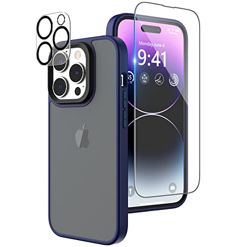 Niunisi Matte Hülle Kompatibel mit iPhone 14 Pro Hülle mit Displayschutzfolie, Full Body Shockproof Case mit Kameraschutz Translucent Matte Handyhülle Protective Slim Schutzhülle 6,1 Zoll, Blau von Niunisi