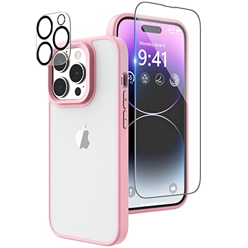 Niunisi Matte Hülle Kompatibel mit iPhone 14 Pro Hülle mit Displayschutzfolie, Full Body Shockproof Case mit Kameraschutz Translucent Matte Handyhülle Protective Slim Schutzhülle 6,1 Zoll, Rosa von Niunisi