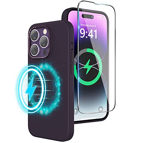 Niunisi Silikon Hülle Kompatibel mit iPhone 14 Pro Max Hülle mit Kameraschutz+ Schutzfolie, Metall Kamera Guard Hülle Kompatibel mit MagSafe Handyhülle iPhone 14 Pro Max Case, Nacht lila von Niunisi