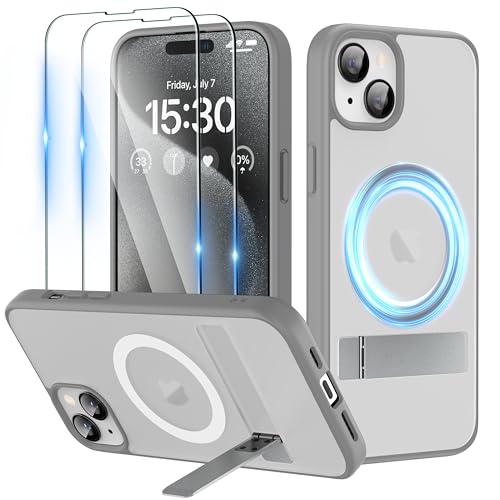Niunisi für iPhone 15 Hülle Ständer für MagSafe Handyhülle mit 2X Panzerglas Stoßfeste Kratzfeste Schutzhülle Dünne iPhone 15 Case-Grau von Niunisi
