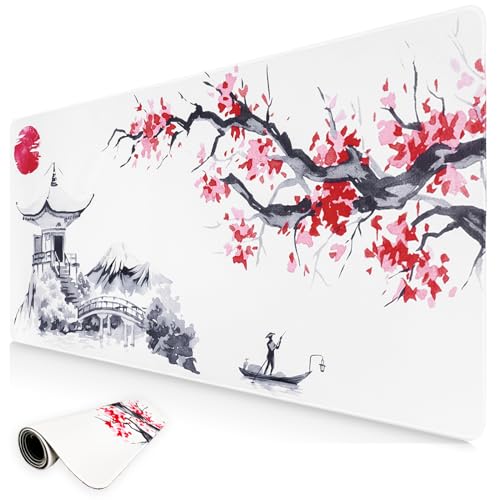 Niviy Gaming Mauspad Japanische Sakura Weiß XXL 800 x 350mm Große Mousepad Schreibtischunterlage rutschfeste Wasserdicht Gummi Mäusepads Genähte Kanten für Tastatur,PC Maus und Laptop von Niviy